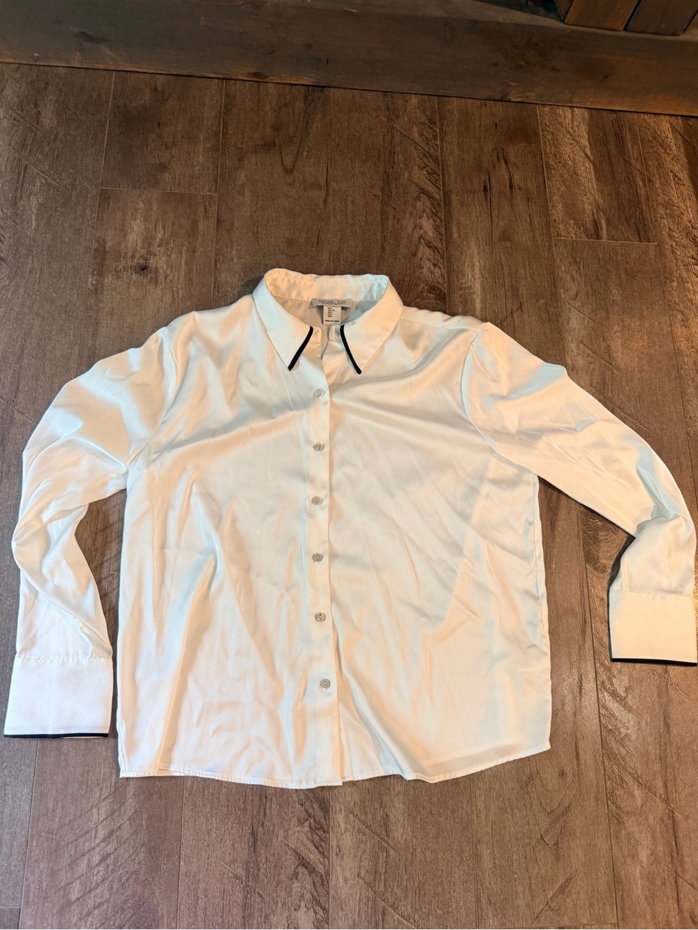 White Silk Button-Down Shirt with Black Collar Trim